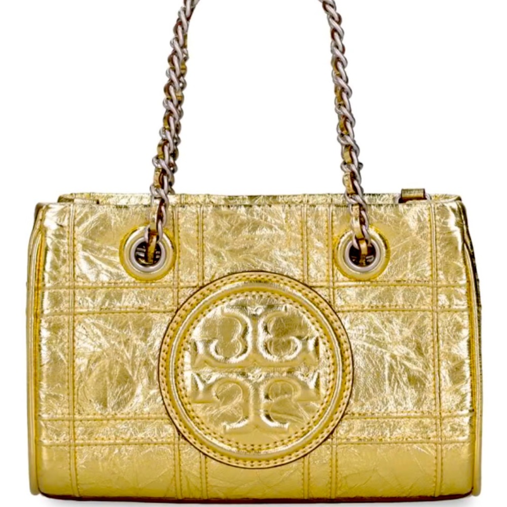 Tory Burch mini Fleming soft metallic leather bag; never used, NWT